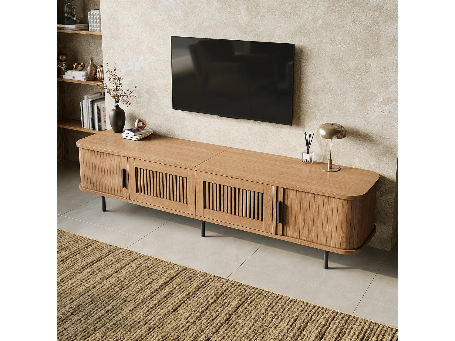 Niedriges TV-Möbel 180 cm mit 2 Schubladen, 2 Schiebetüren und LED-Beleuchtung – MDF und Spanplatte – 180 x 40 x 44,5 cm – Natur