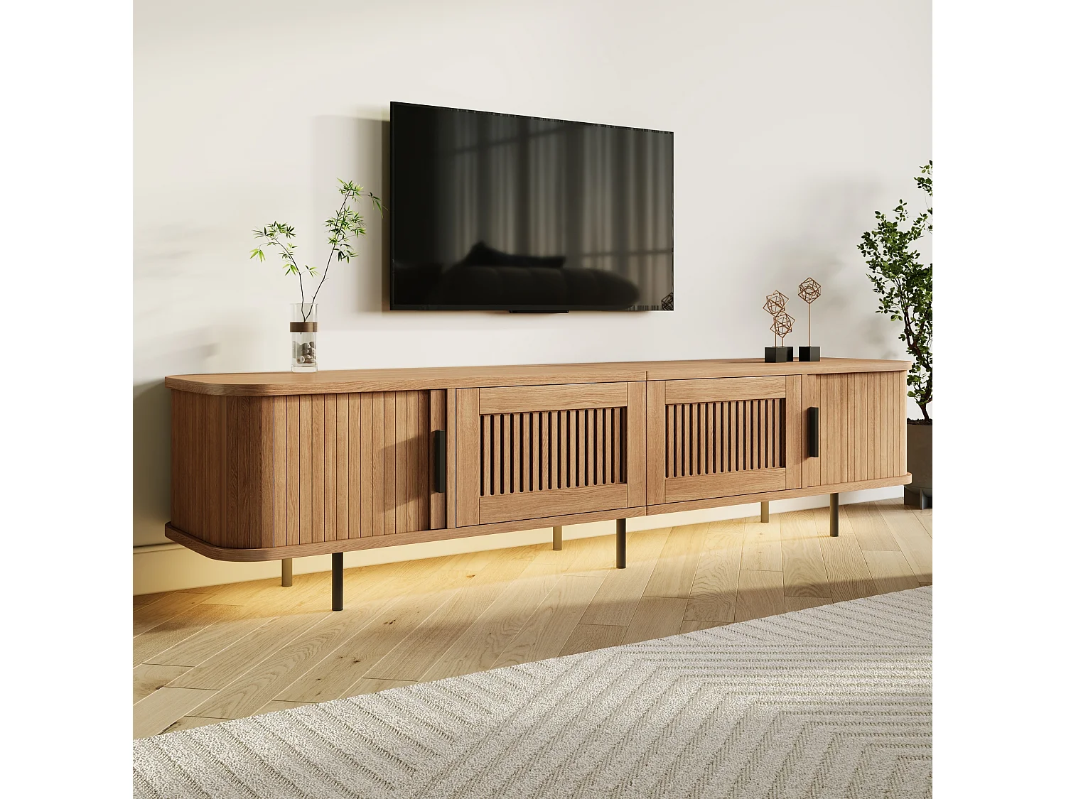 Niedriges TV-Möbel 180 cm mit 2 Schubladen, 2 Schiebetüren und LED-Beleuchtung – MDF und Spanplatte – 180 x 40 x 44,5 cm – Natur