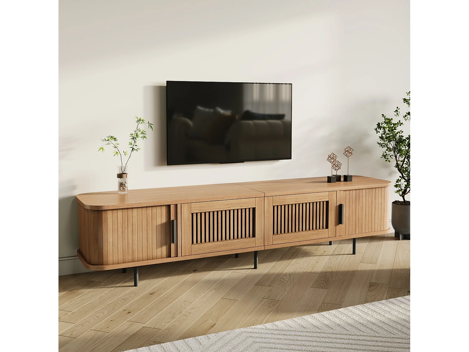 Niedriges TV-Möbel 180 cm mit 2 Schubladen, 2 Schiebetüren und LED-Beleuchtung – MDF und Spanplatte – 180 x 40 x 44,5 cm – Natur