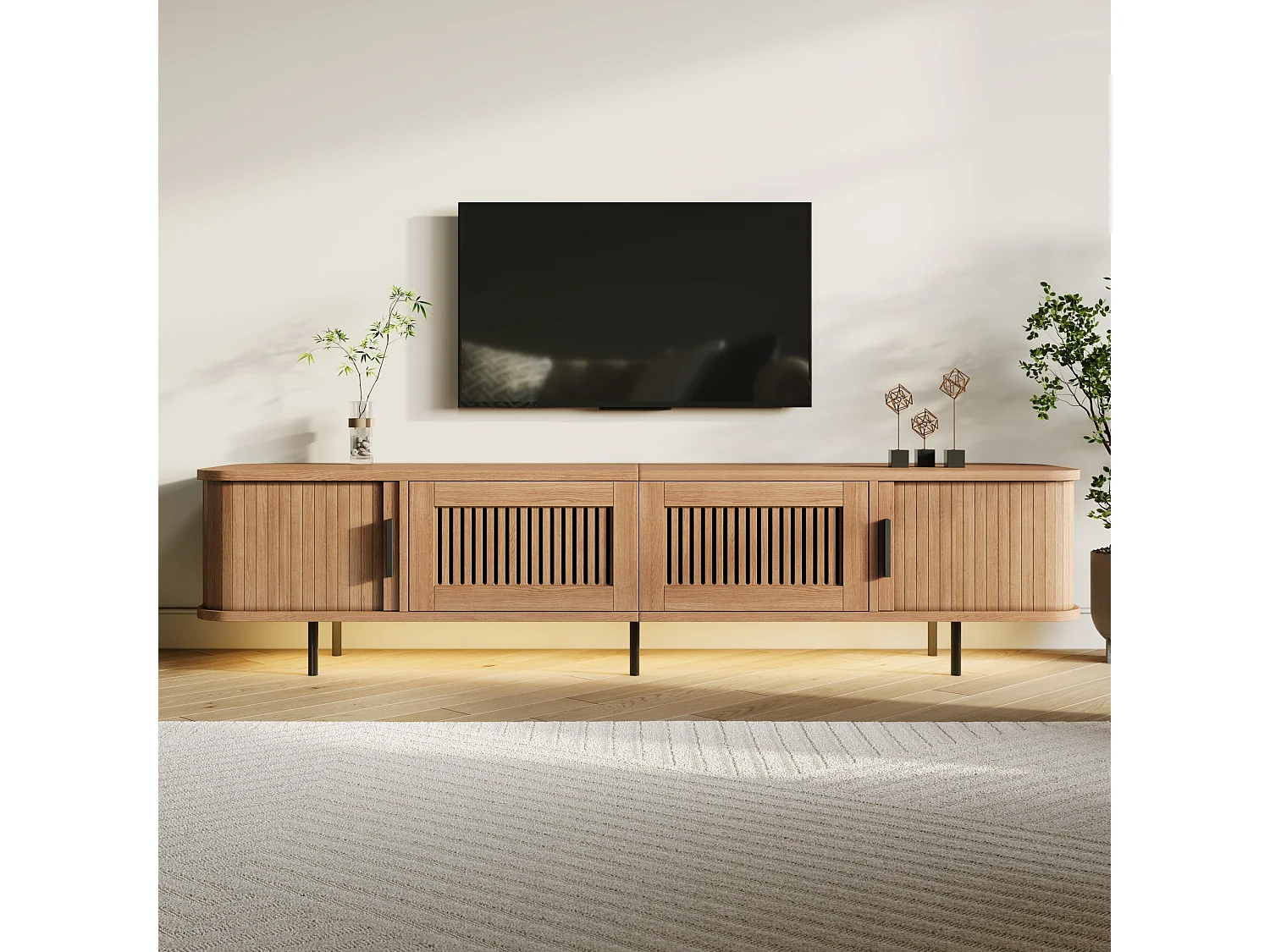 Niedriges TV-Möbel 180 cm mit 2 Schubladen, 2 Schiebetüren und LED-Beleuchtung – MDF und Spanplatte – 180 x 40 x 44,5 cm – Natur