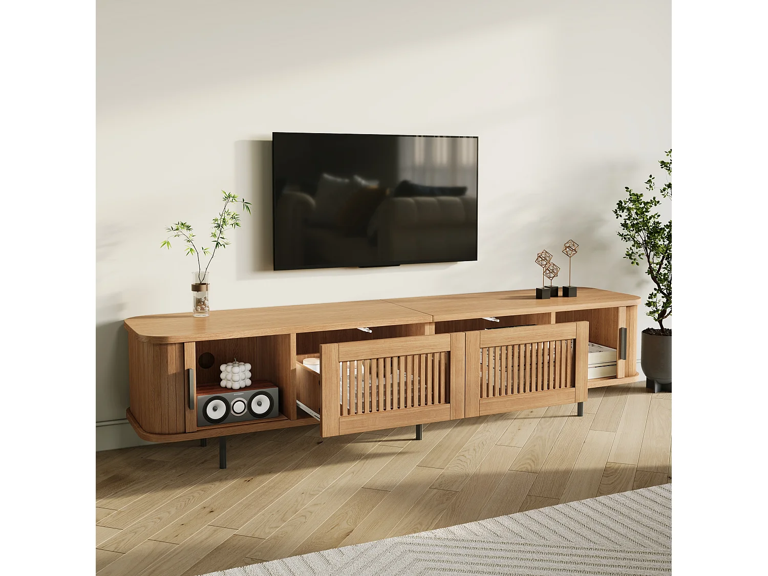 Niedriges TV-Möbel 180 cm mit 2 Schubladen, 2 Schiebetüren und LED-Beleuchtung – MDF und Spanplatte – 180 x 40 x 44,5 cm – Natur