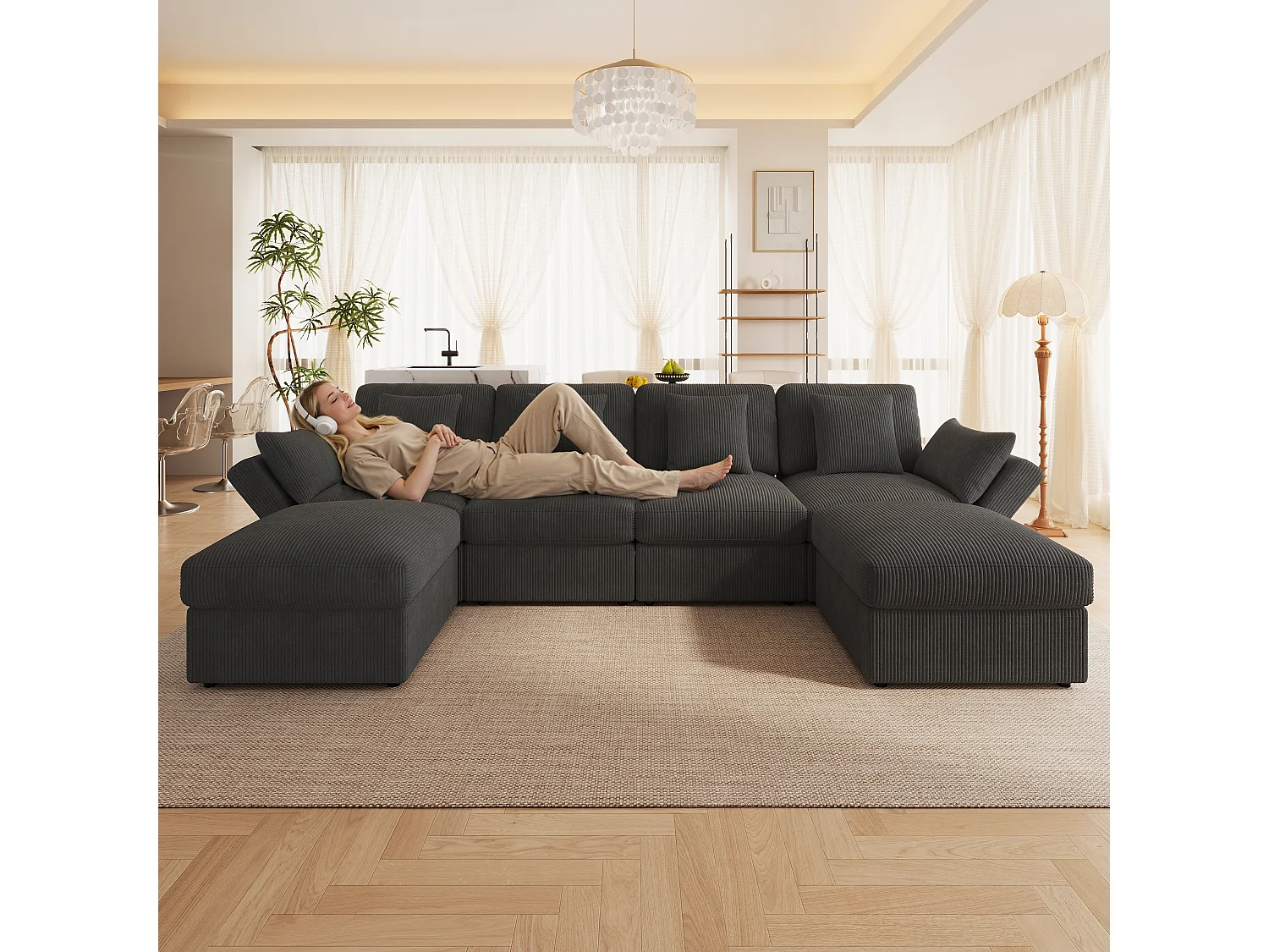 6-Sitzer U-förmiges Ecksofa mit abnehmbarem Hocker – 290 x 159,5 x 89 cm – Massivholz, Schaumstoff- und Cordbezug – Verstellbare Armlehnen – Grau
