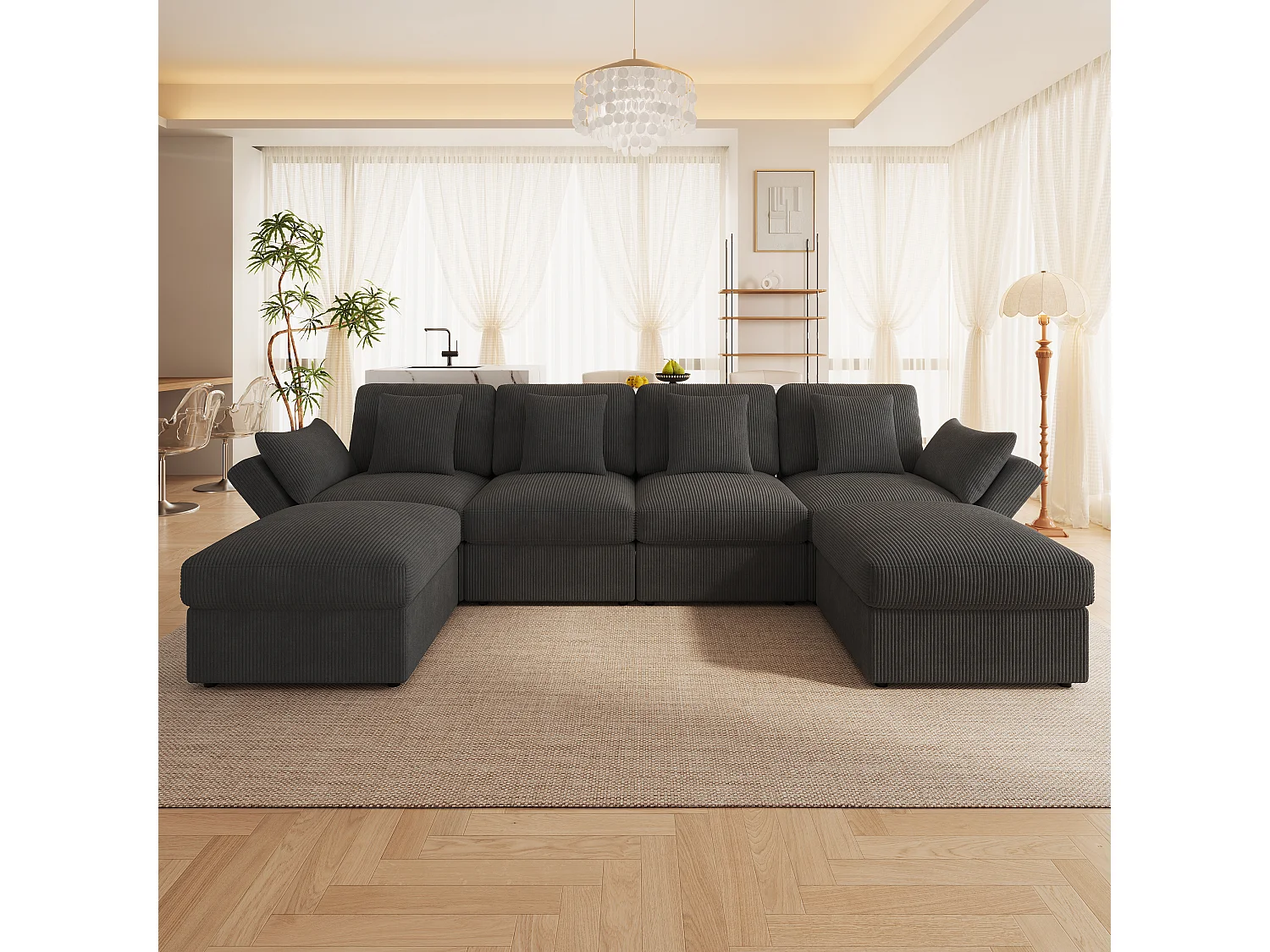 6-Sitzer U-förmiges Ecksofa mit abnehmbarem Hocker – 290 x 159,5 x 89 cm – Massivholz, Schaumstoff- und Cordbezug – Verstellbare Armlehnen – Grau
