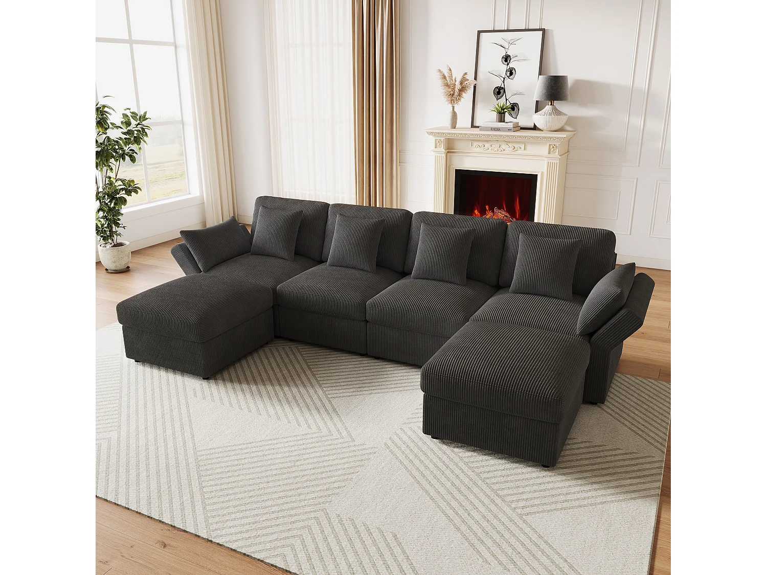 6-Sitzer U-förmiges Ecksofa mit abnehmbarem Hocker – 290 x 159,5 x 89 cm – Massivholz, Schaumstoff- und Cordbezug – Verstellbare Armlehnen – Grau