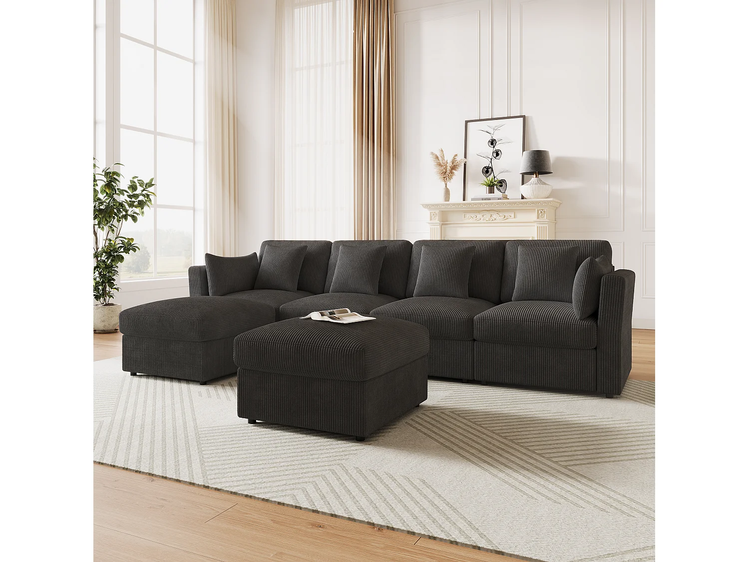 6-Sitzer U-förmiges Ecksofa mit abnehmbarem Hocker – 290 x 159,5 x 89 cm – Massivholz, Schaumstoff- und Cordbezug – Verstellbare Armlehnen – Grau