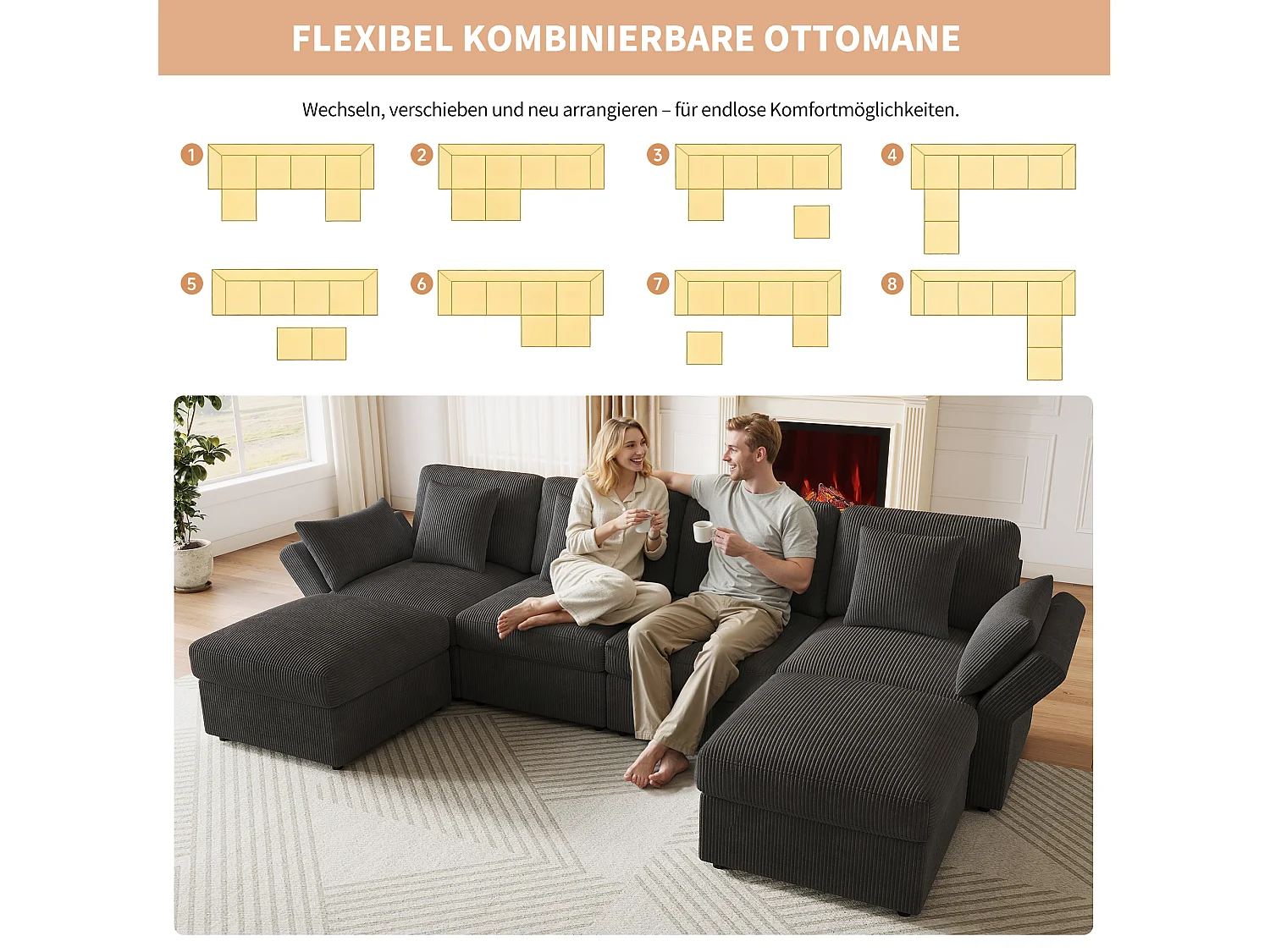6-Sitzer U-förmiges Ecksofa mit abnehmbarem Hocker – 290 x 159,5 x 89 cm – Massivholz, Schaumstoff- und Cordbezug – Verstellbare Armlehnen – Grau