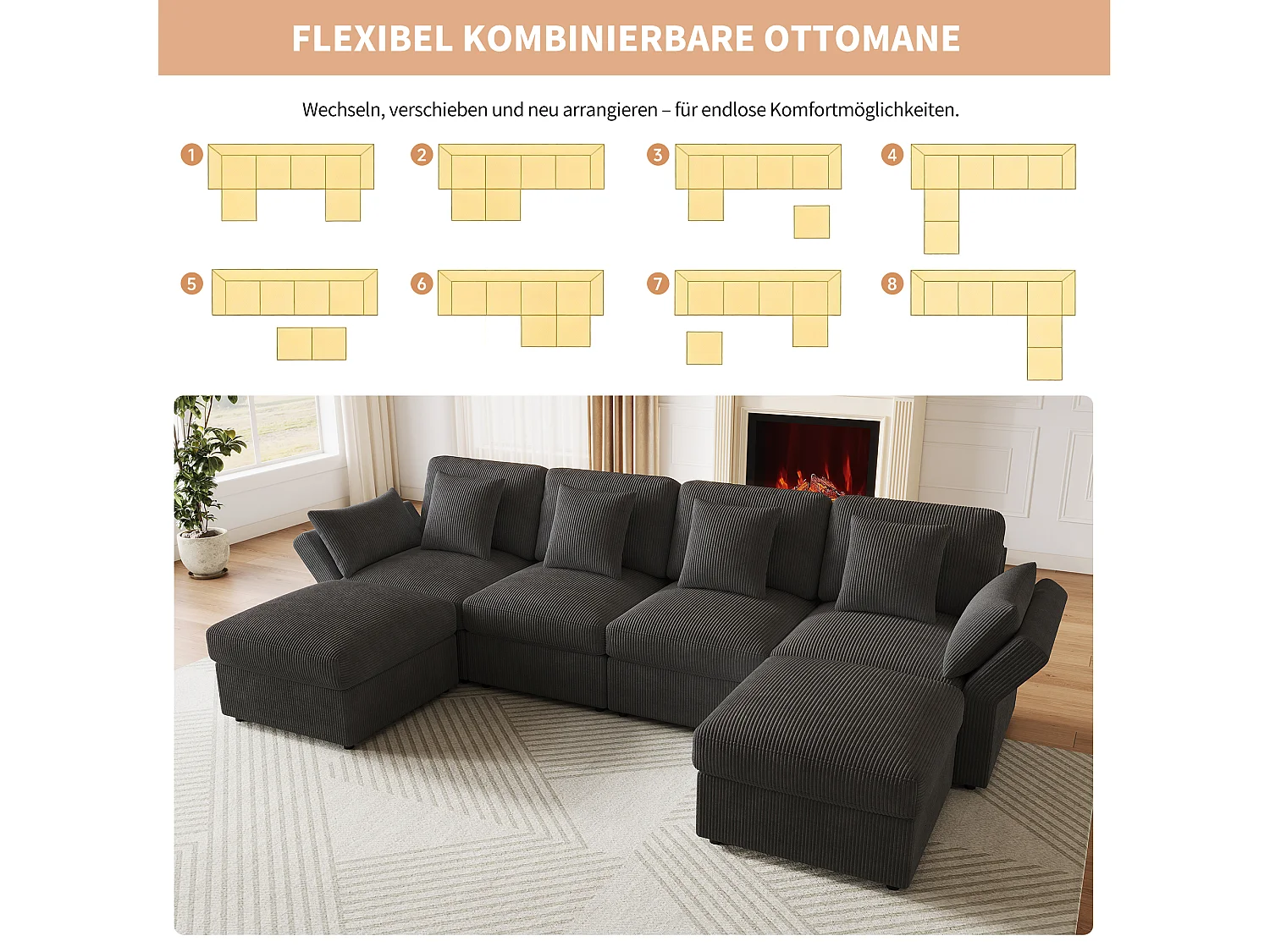 6-Sitzer U-förmiges Ecksofa mit abnehmbarem Hocker – 290 x 159,5 x 89 cm – Massivholz, Schaumstoff- und Cordbezug – Verstellbare Armlehnen – Grau