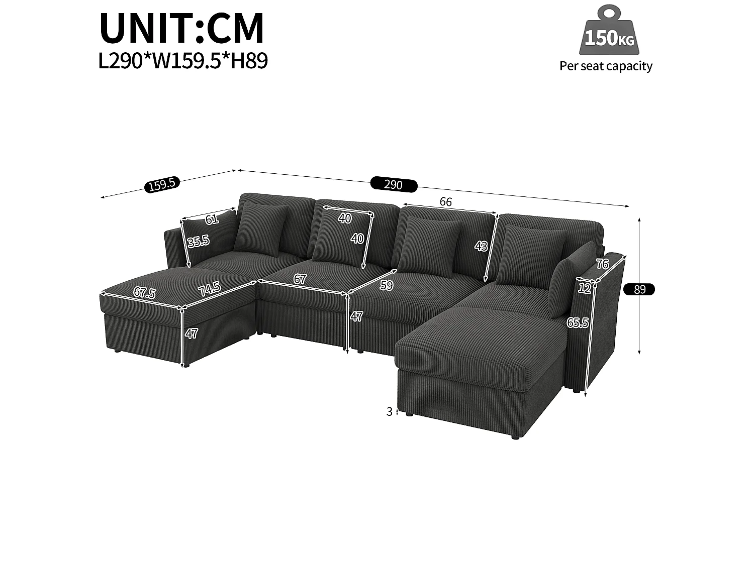 6-Sitzer U-förmiges Ecksofa mit abnehmbarem Hocker – 290 x 159,5 x 89 cm – Massivholz, Schaumstoff- und Cordbezug – Verstellbare Armlehnen – Grau