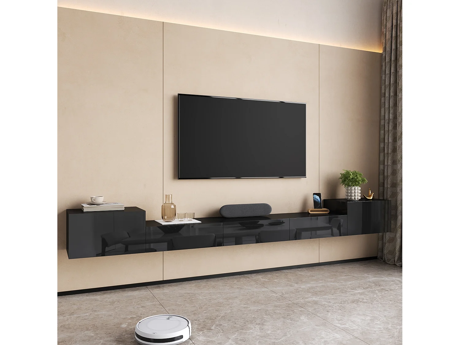 Wandmontiertes TV-Möbel, 245 cm breit, mit 5 lackierten Türen und RGB-LED-Beleuchtung – Spanplatte + MDF – 245 x 30 x 26 cm – Weiß