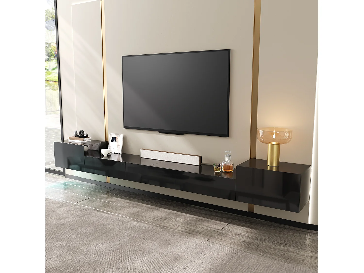 Wandmontiertes TV-Möbel, 245 cm breit, mit 5 lackierten Türen und RGB-LED-Beleuchtung – Spanplatte + MDF – 245 x 30 x 26 cm – Weiß