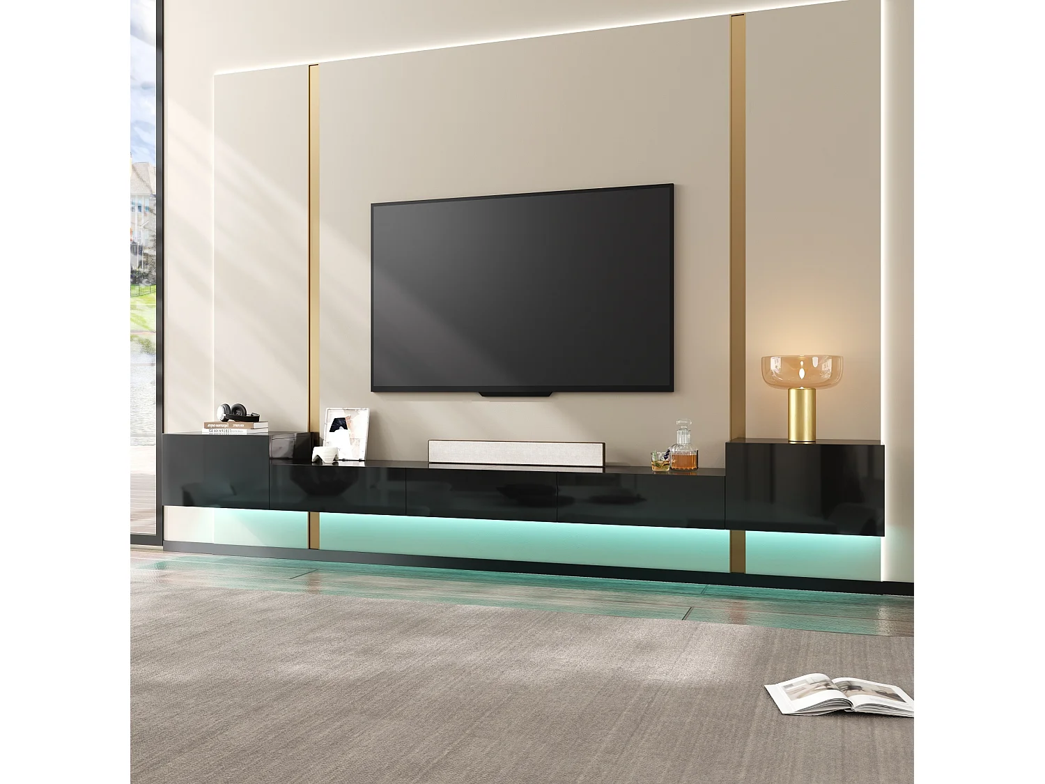 Wandmontiertes TV-Möbel, 245 cm breit, mit 5 lackierten Türen und RGB-LED-Beleuchtung – Spanplatte + MDF – 245 x 30 x 26 cm – Weiß