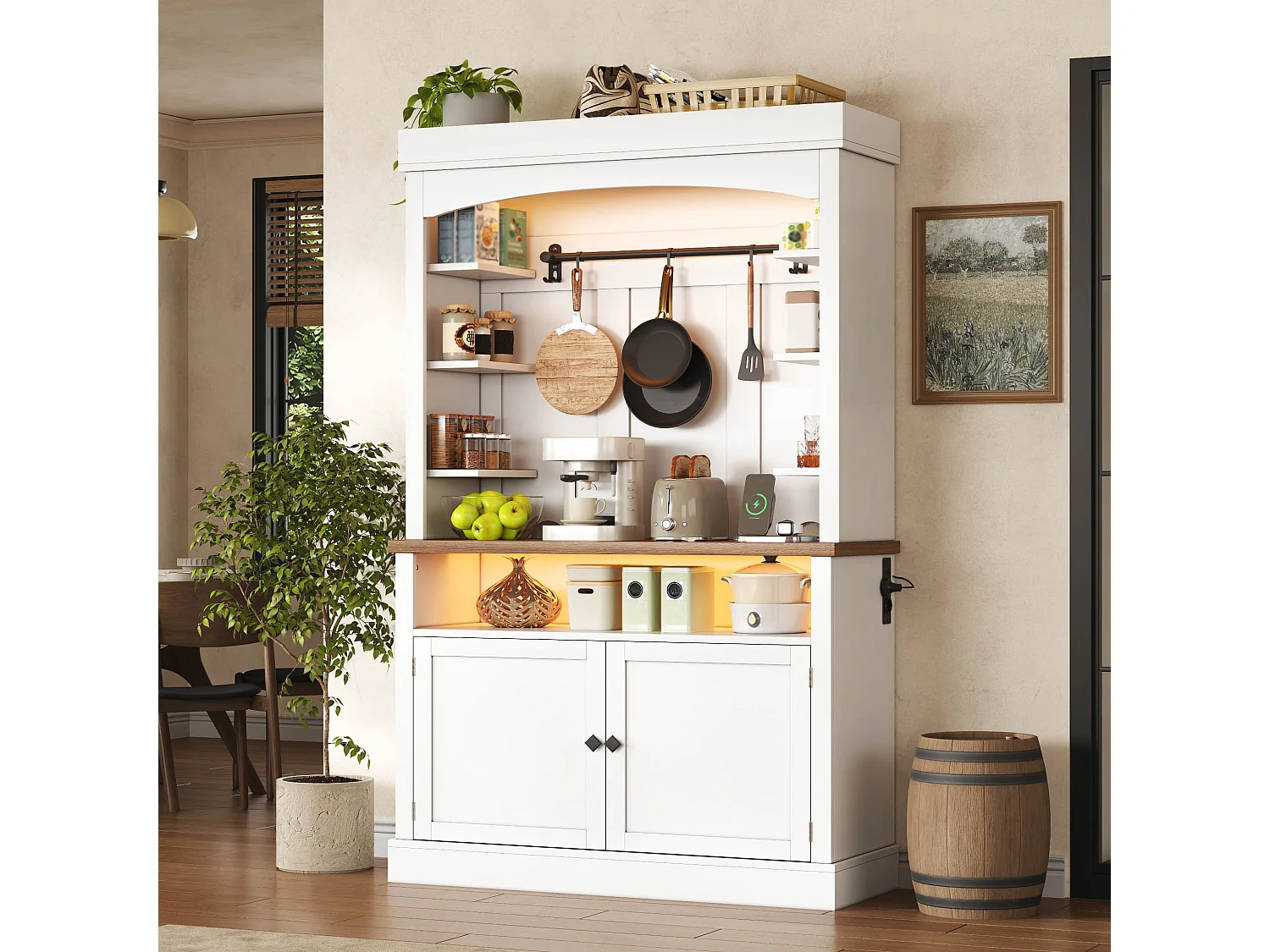 Keukendressoir met 2 deuren, RGB LED-verlichting, USB-poorten en open schappen - 106 x 43 x 183 cm - MDF - Wit