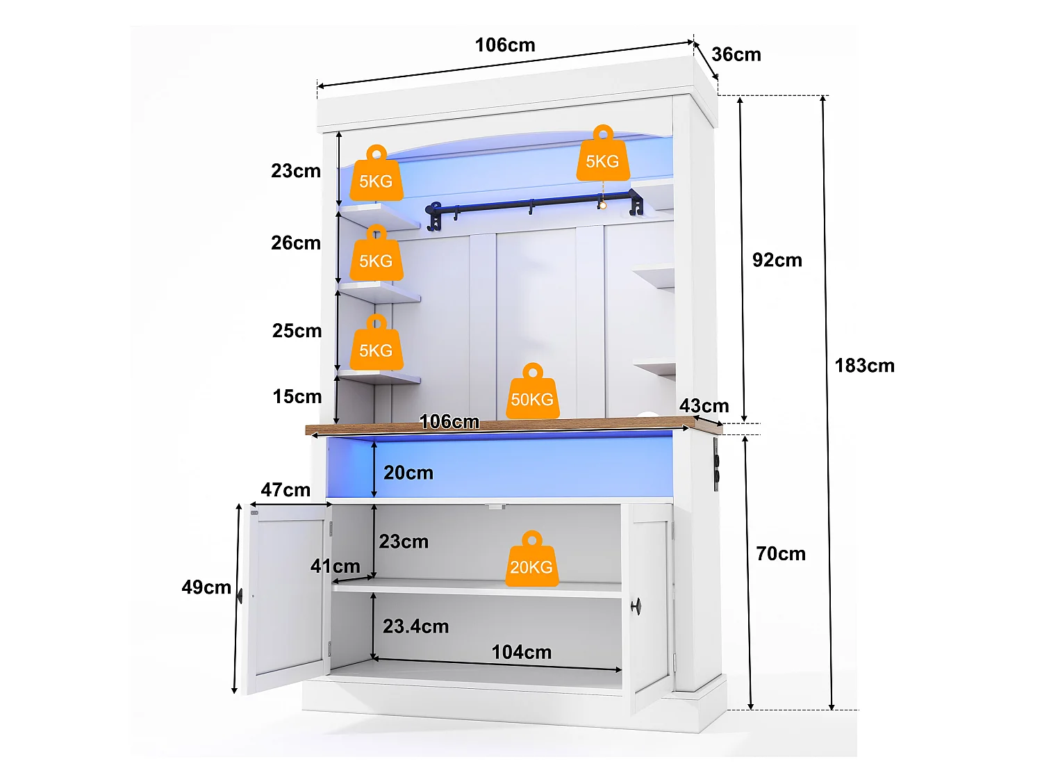 Keukendressoir met 2 deuren, RGB LED-verlichting, USB-poorten en open schappen - 106 x 43 x 183 cm - MDF - Wit