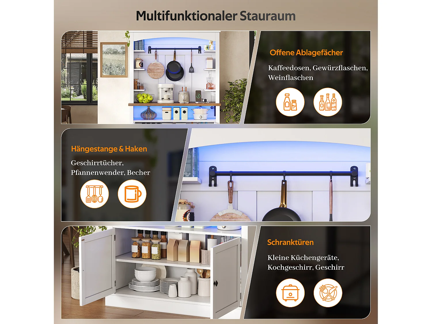 Keukendressoir met 2 deuren, RGB LED-verlichting, USB-poorten en open schappen - 106 x 43 x 183 cm - MDF - Wit