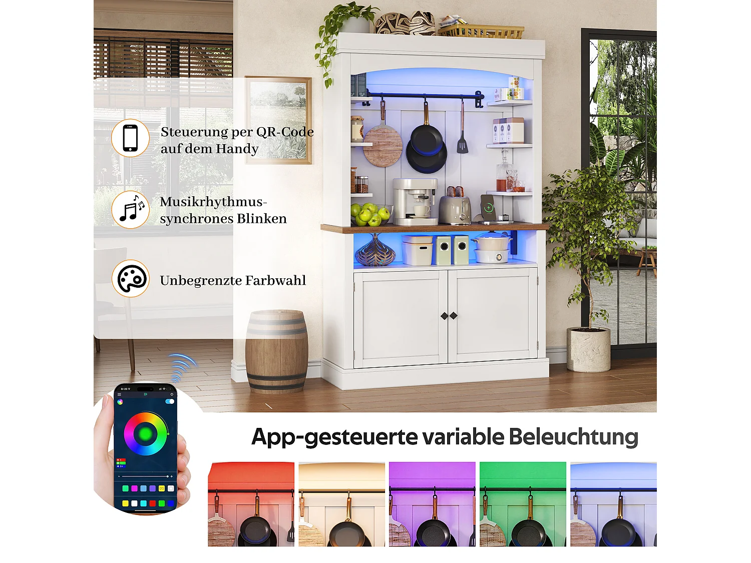 Keukendressoir met 2 deuren, RGB LED-verlichting, USB-poorten en open schappen - 106 x 43 x 183 cm - MDF - Wit