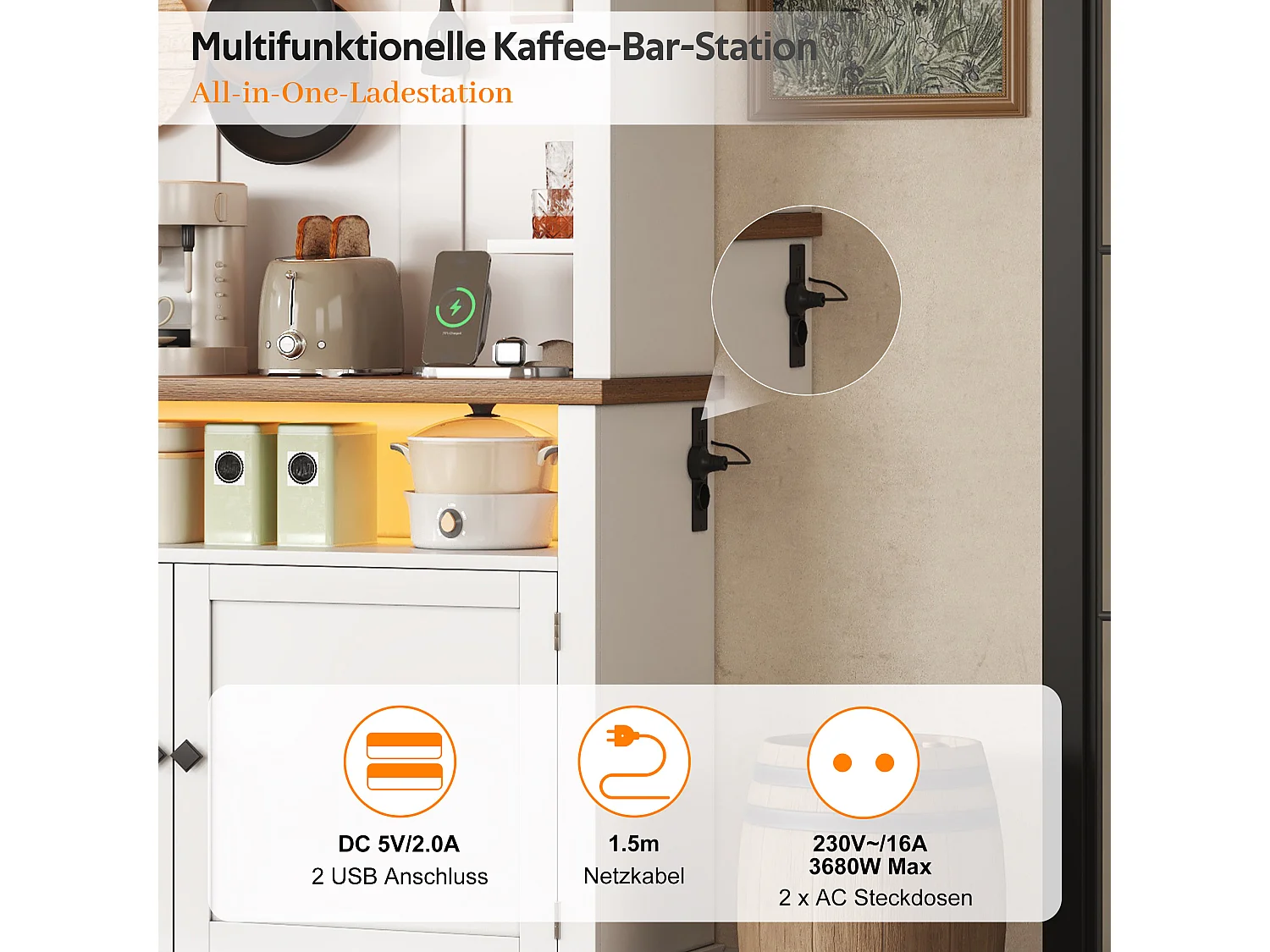 Keukendressoir met 2 deuren, RGB LED-verlichting, USB-poorten en open schappen - 106 x 43 x 183 cm - MDF - Wit