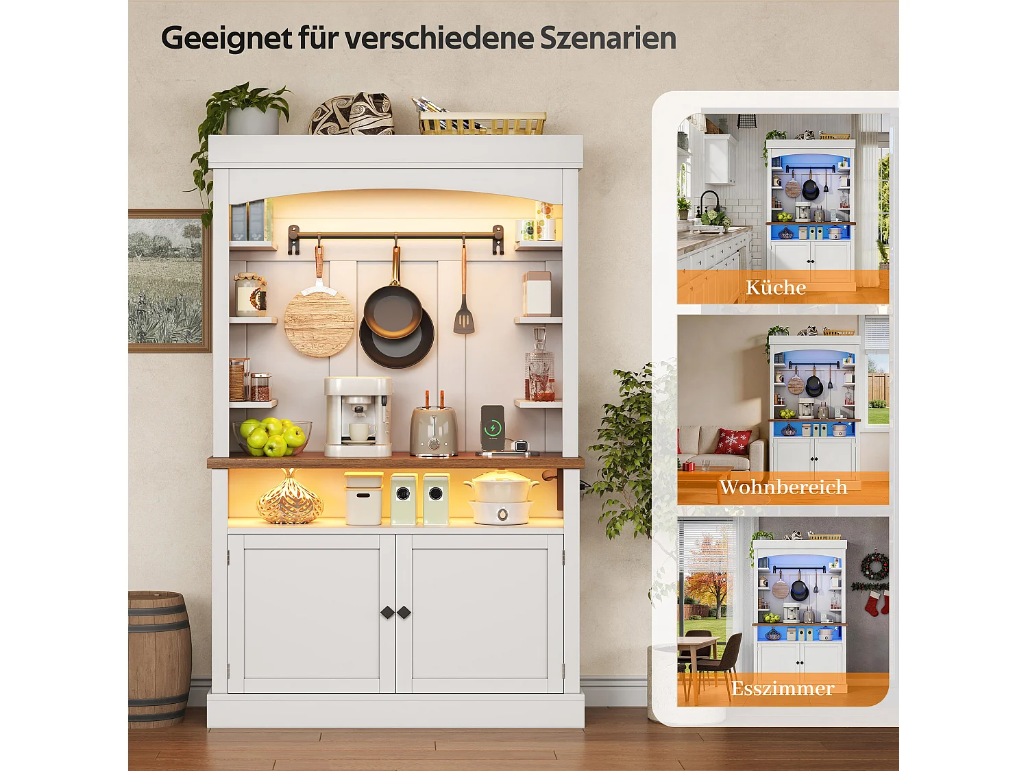 Keukendressoir met 2 deuren, RGB LED-verlichting, USB-poorten en open schappen - 106 x 43 x 183 cm - MDF - Wit