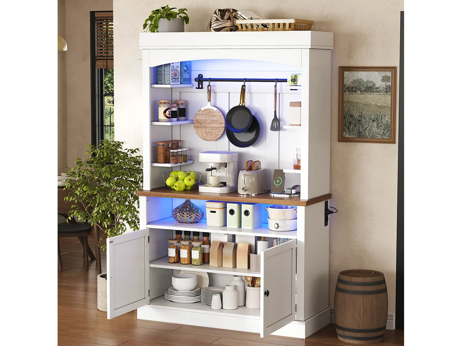 Keukendressoir met 2 deuren, RGB LED-verlichting, USB-poorten en open schappen - 106 x 43 x 183 cm - MDF - Wit