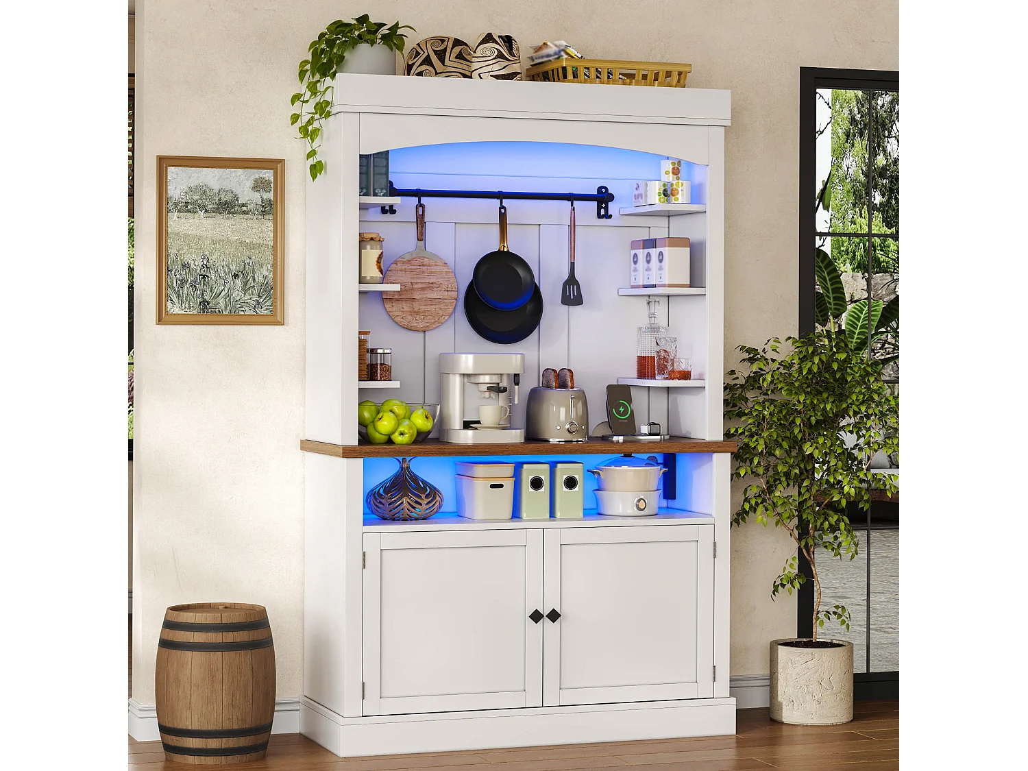 Keukendressoir met 2 deuren, RGB LED-verlichting, USB-poorten en open schappen - 106 x 43 x 183 cm - MDF - Wit