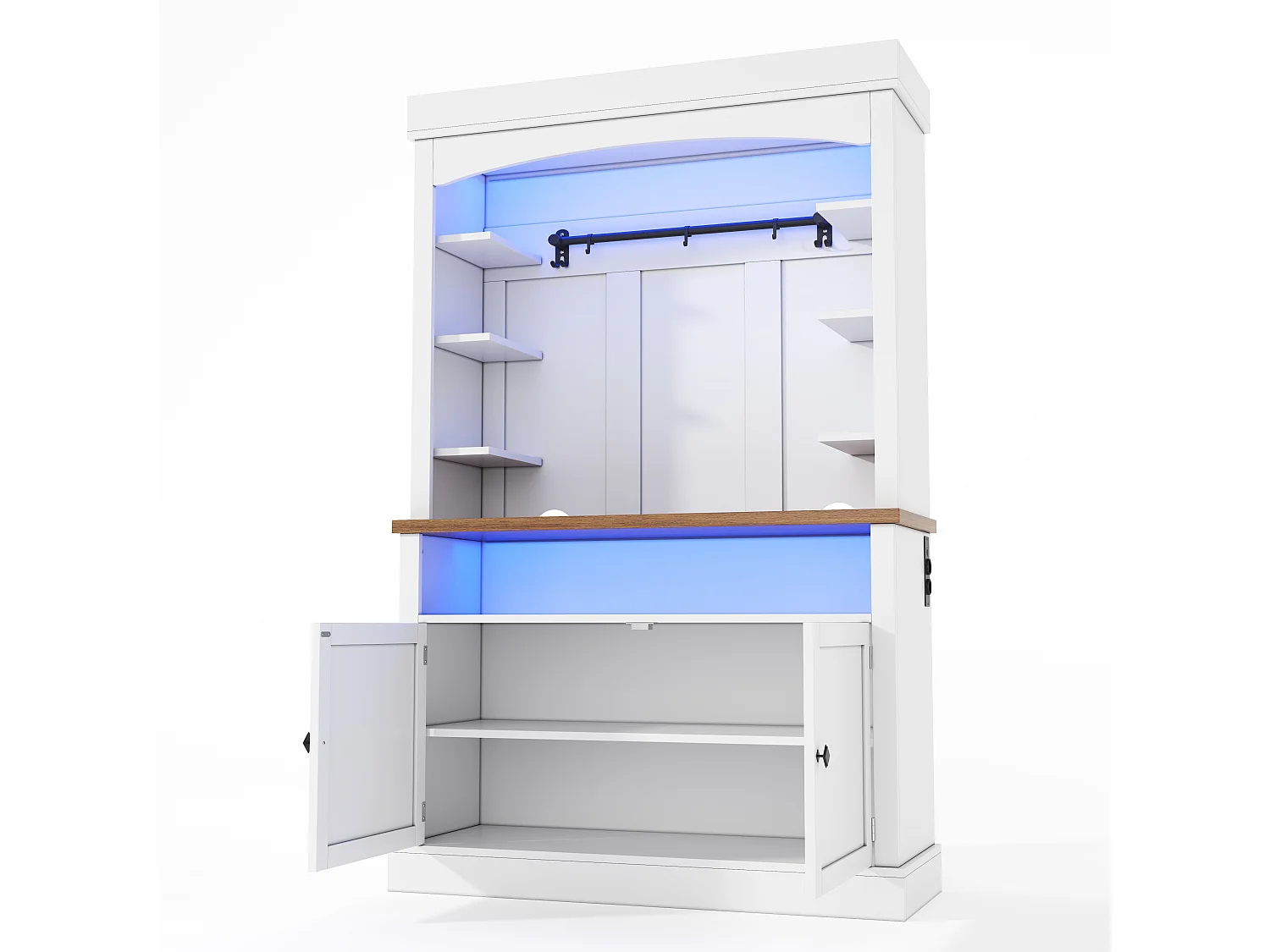 Keukendressoir met 2 deuren, RGB LED-verlichting, USB-poorten en open schappen - 106 x 43 x 183 cm - MDF - Wit
