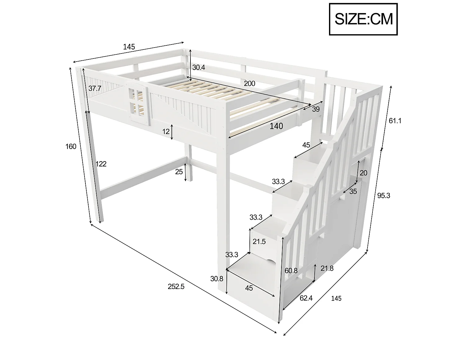 Hochbett 140 x 200 cm mit umkehrbarer Leiter, Sicherheitsgeländer, Fenster - Holz - Weiß (Matratze nicht im Lieferumfang enthalten)