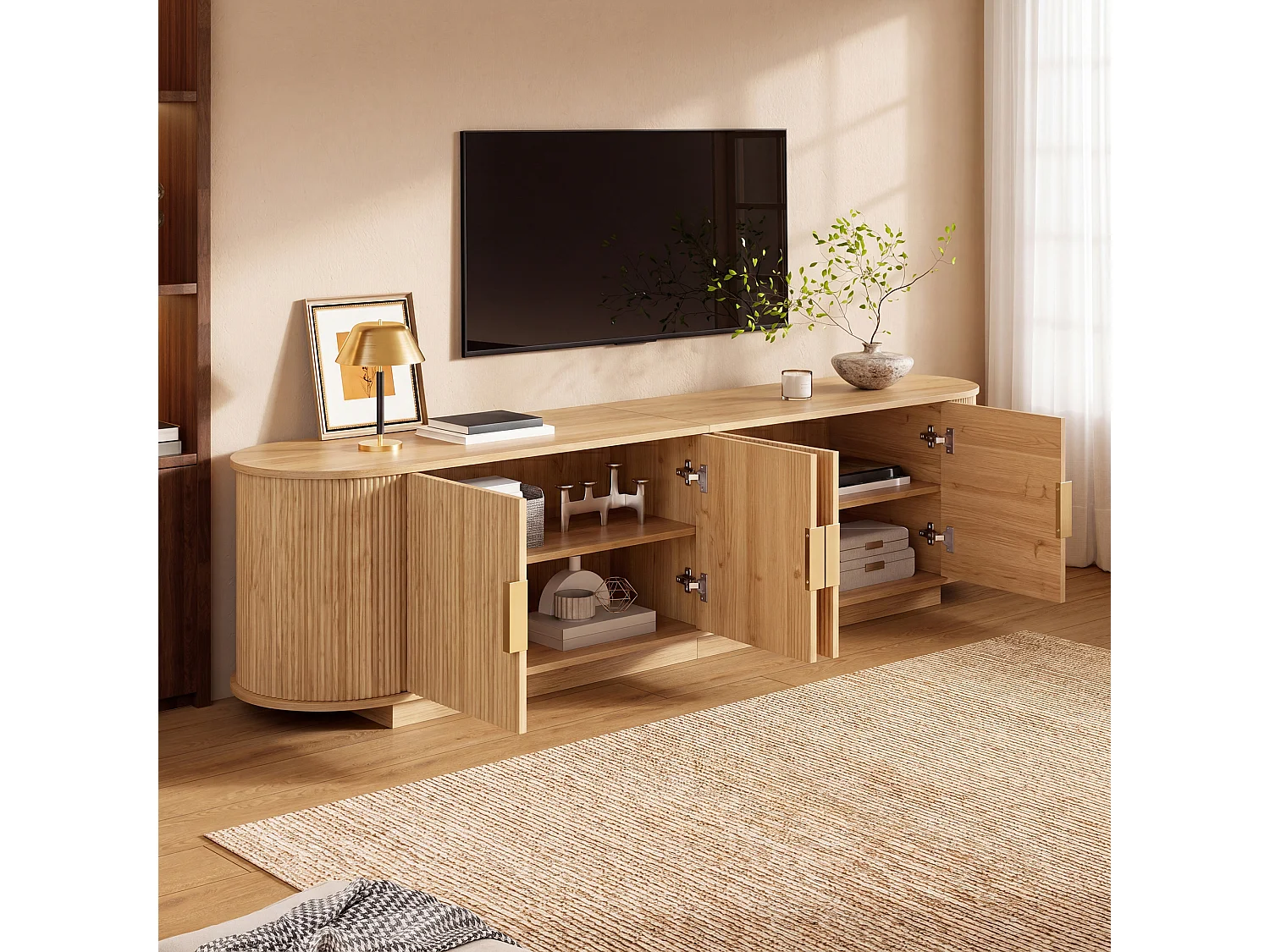 TV-bord med 4 døre og rigelig opbevaringsplads – 180 x 35 x 50 cm – Spånplade og MDF – Natur