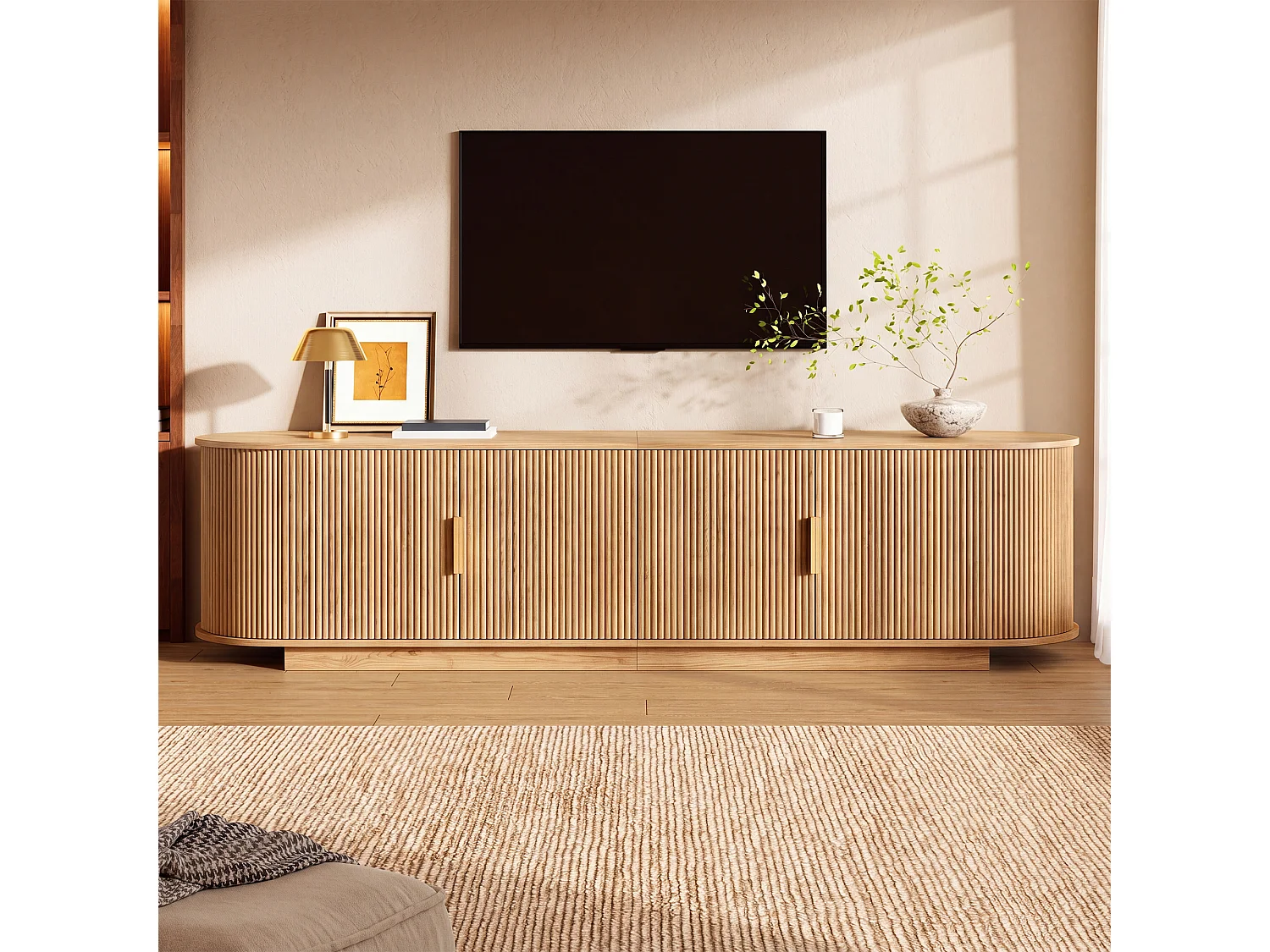 TV-bord med 4 døre og rigelig opbevaringsplads – 180 x 35 x 50 cm – Spånplade og MDF – Natur