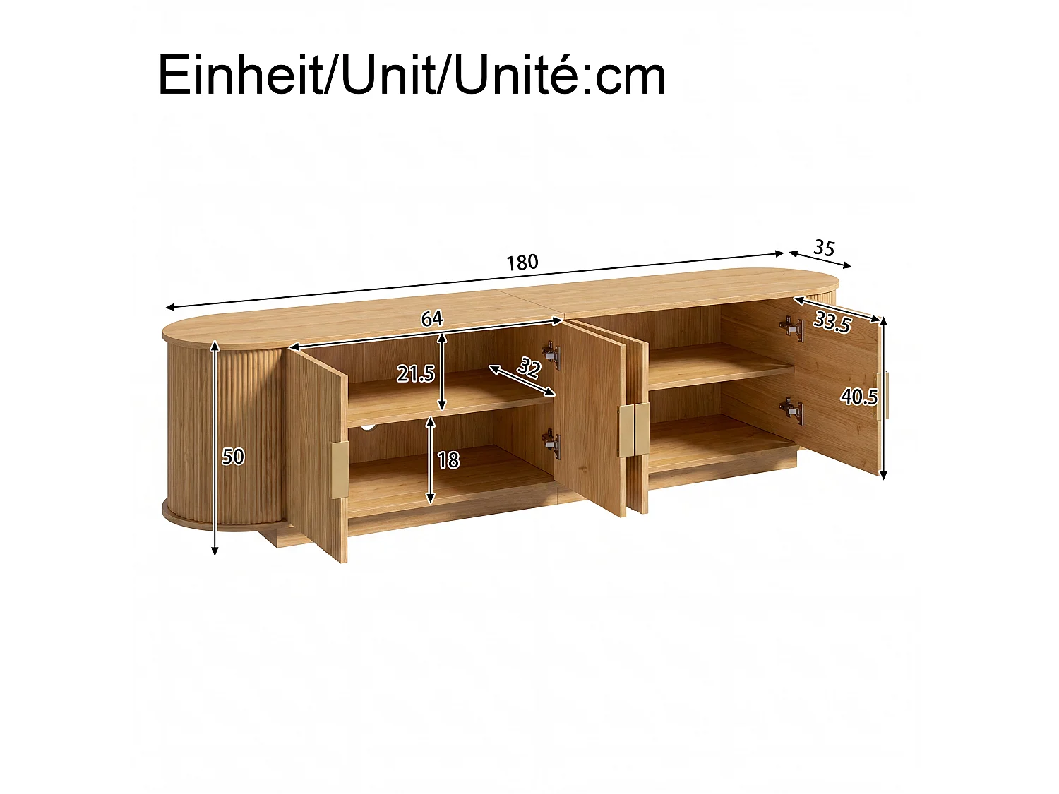 TV-bord med 4 døre og rigelig opbevaringsplads – 180 x 35 x 50 cm – Spånplade og MDF – Natur