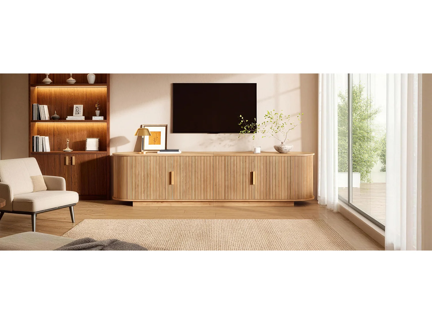 TV-bord med 4 døre og rigelig opbevaringsplads – 180 x 35 x 50 cm – Spånplade og MDF – Natur