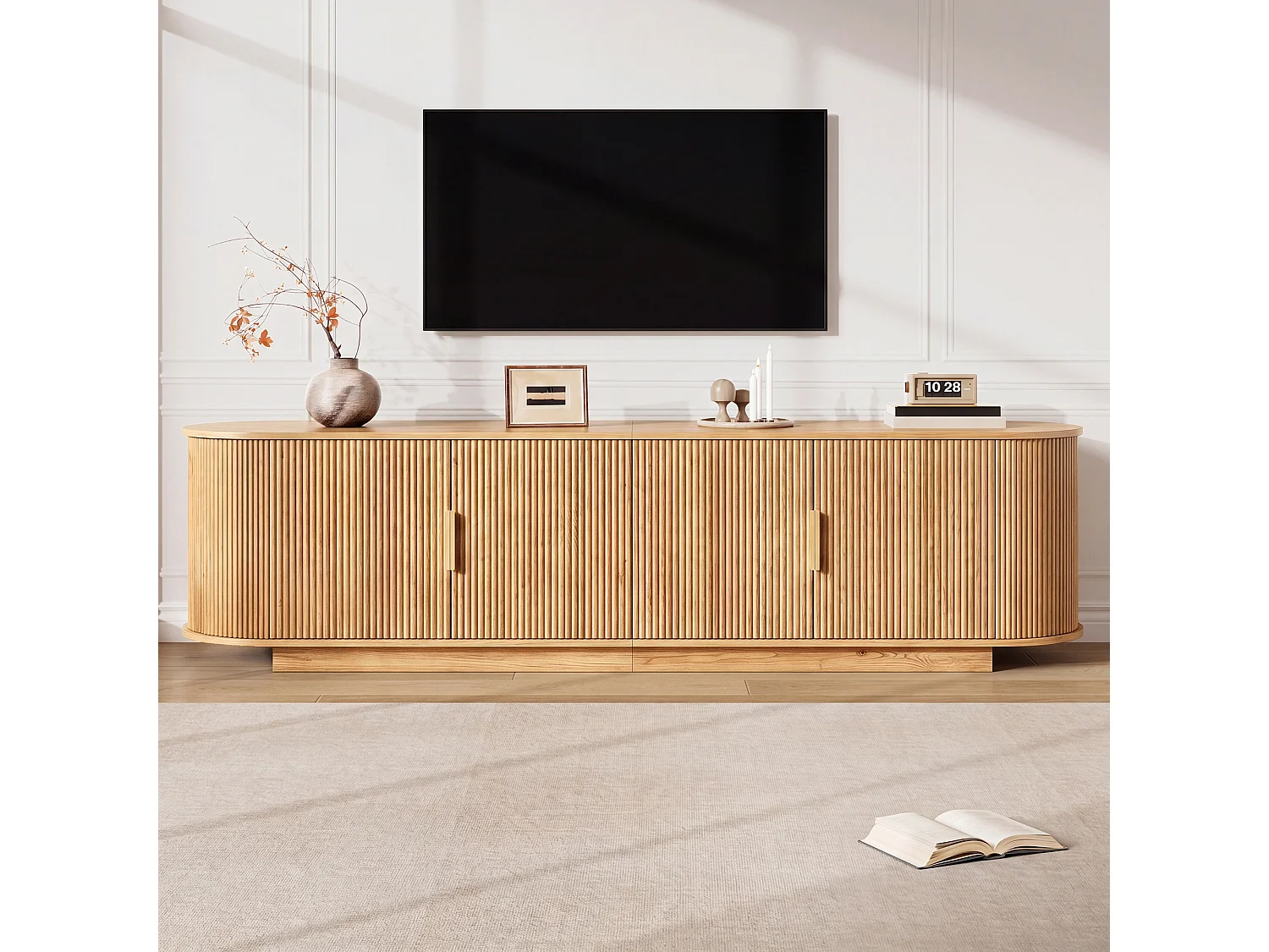 TV-bord med 4 døre og rigelig opbevaringsplads – 180 x 35 x 50 cm – Spånplade og MDF – Natur