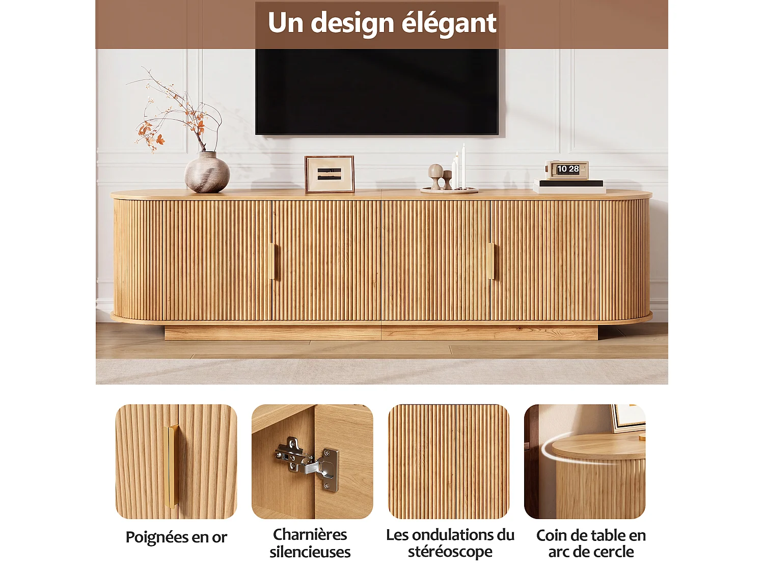 TV-bord med 4 døre og rigelig opbevaringsplads – 180 x 35 x 50 cm – Spånplade og MDF – Natur