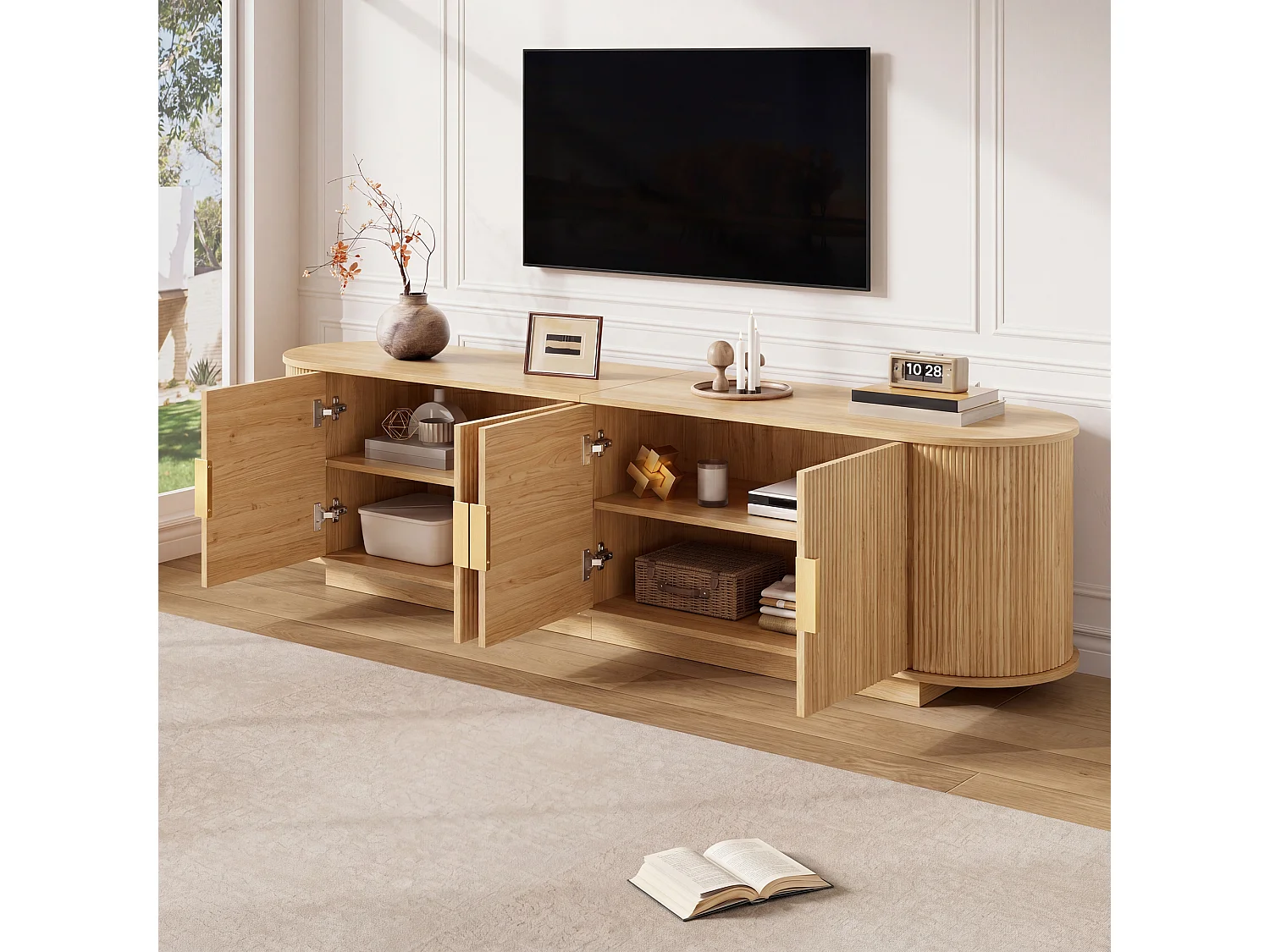 TV-bord med 4 døre og rigelig opbevaringsplads – 180 x 35 x 50 cm – Spånplade og MDF – Natur