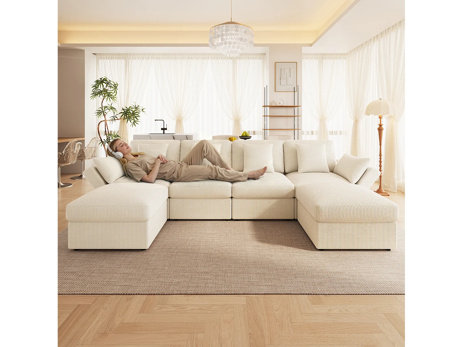 6-Sitzer-Ecksofa in U-Form mit abnehmbarem Hocker – 290 x 159,5 x 89 cm – Massivholz, Schaumstoff- und Cordbezug – Verstellbare Armlehnen – Beige
