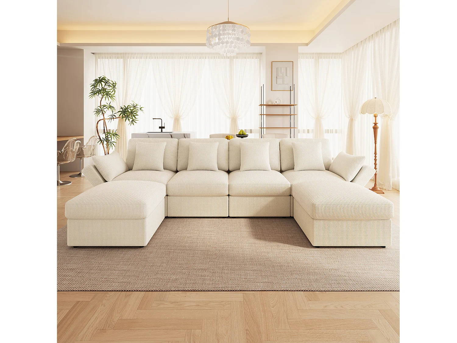 6-Sitzer-Ecksofa in U-Form mit abnehmbarem Hocker – 290 x 159,5 x 89 cm – Massivholz, Schaumstoff- und Cordbezug – Verstellbare Armlehnen – Beige