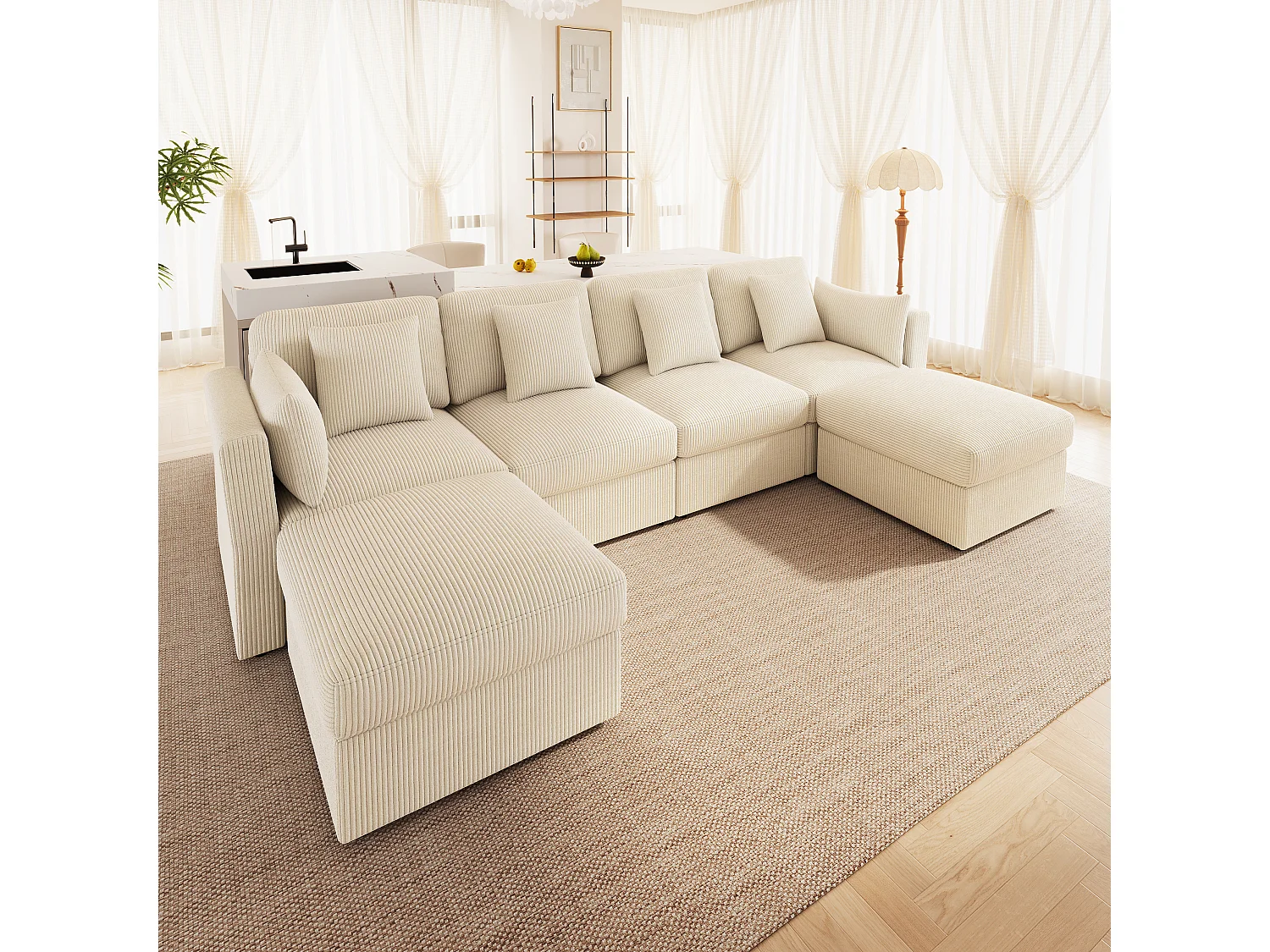 6-Sitzer-Ecksofa in U-Form mit abnehmbarem Hocker – 290 x 159,5 x 89 cm – Massivholz, Schaumstoff- und Cordbezug – Verstellbare Armlehnen – Beige