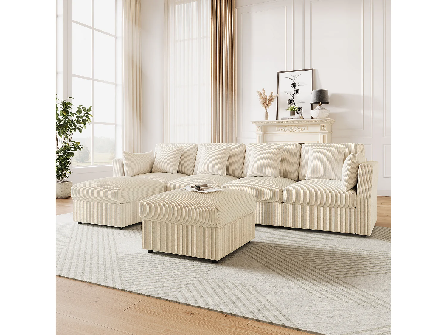 6-Sitzer-Ecksofa in U-Form mit abnehmbarem Hocker – 290 x 159,5 x 89 cm – Massivholz, Schaumstoff- und Cordbezug – Verstellbare Armlehnen – Beige