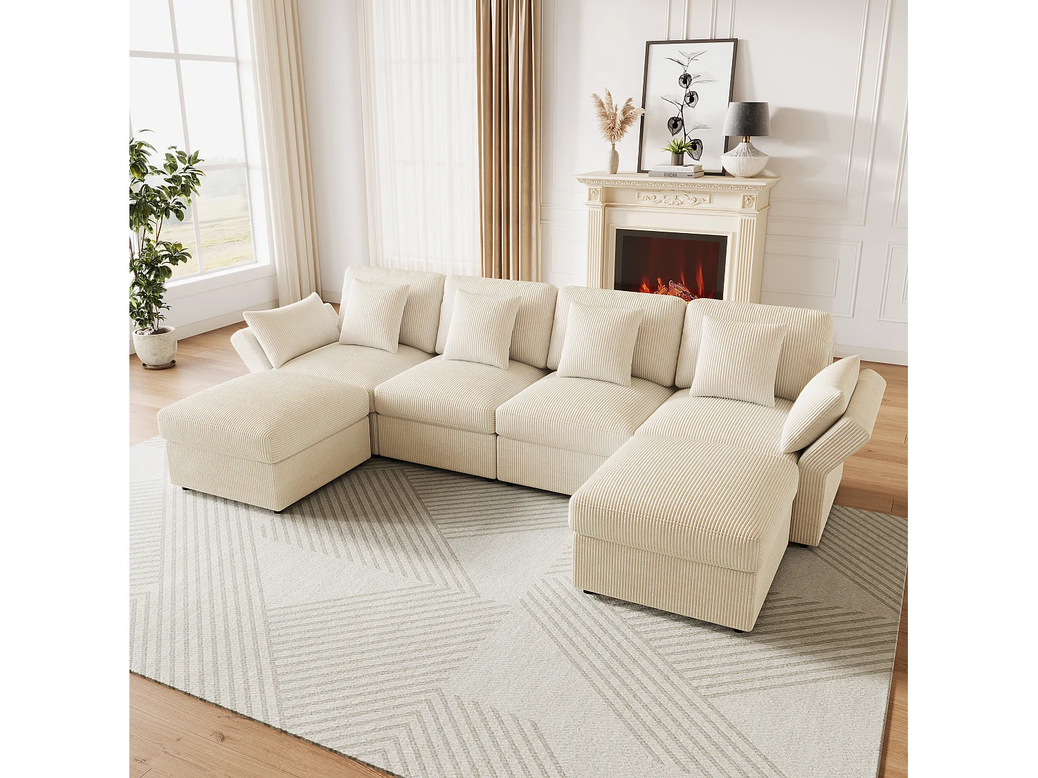 6-Sitzer-Ecksofa in U-Form mit abnehmbarem Hocker – 290 x 159,5 x 89 cm – Massivholz, Schaumstoff- und Cordbezug – Verstellbare Armlehnen – Beige