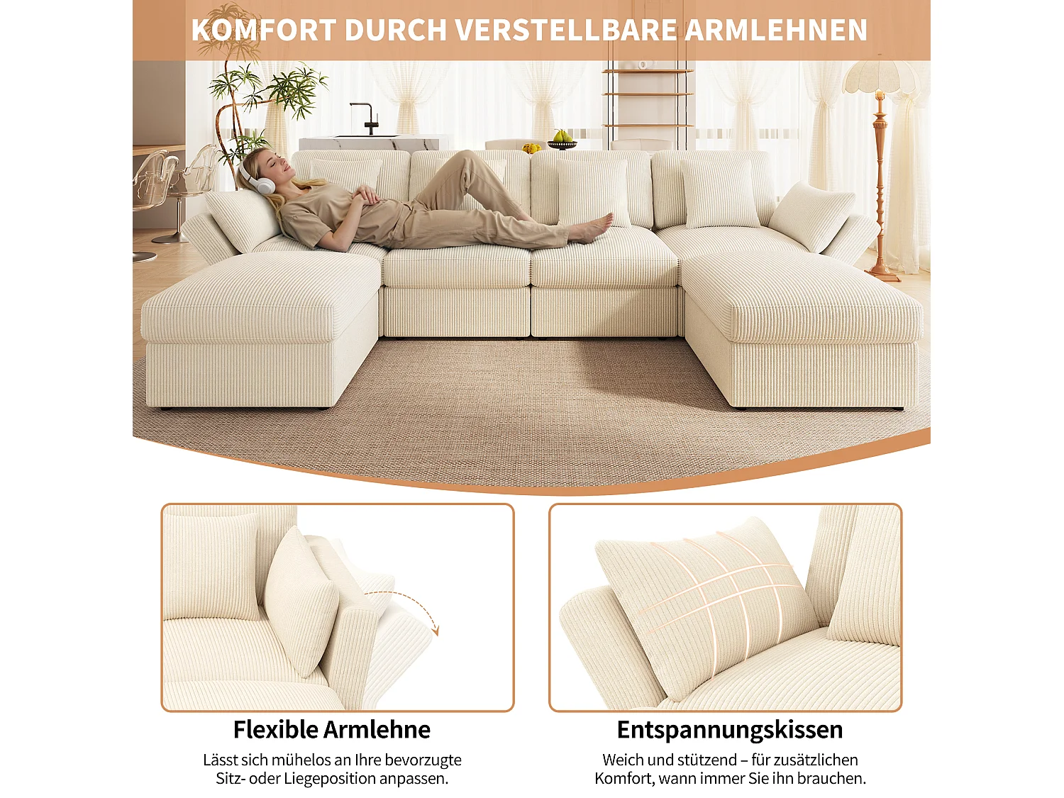 6-Sitzer-Ecksofa in U-Form mit abnehmbarem Hocker – 290 x 159,5 x 89 cm – Massivholz, Schaumstoff- und Cordbezug – Verstellbare Armlehnen – Beige