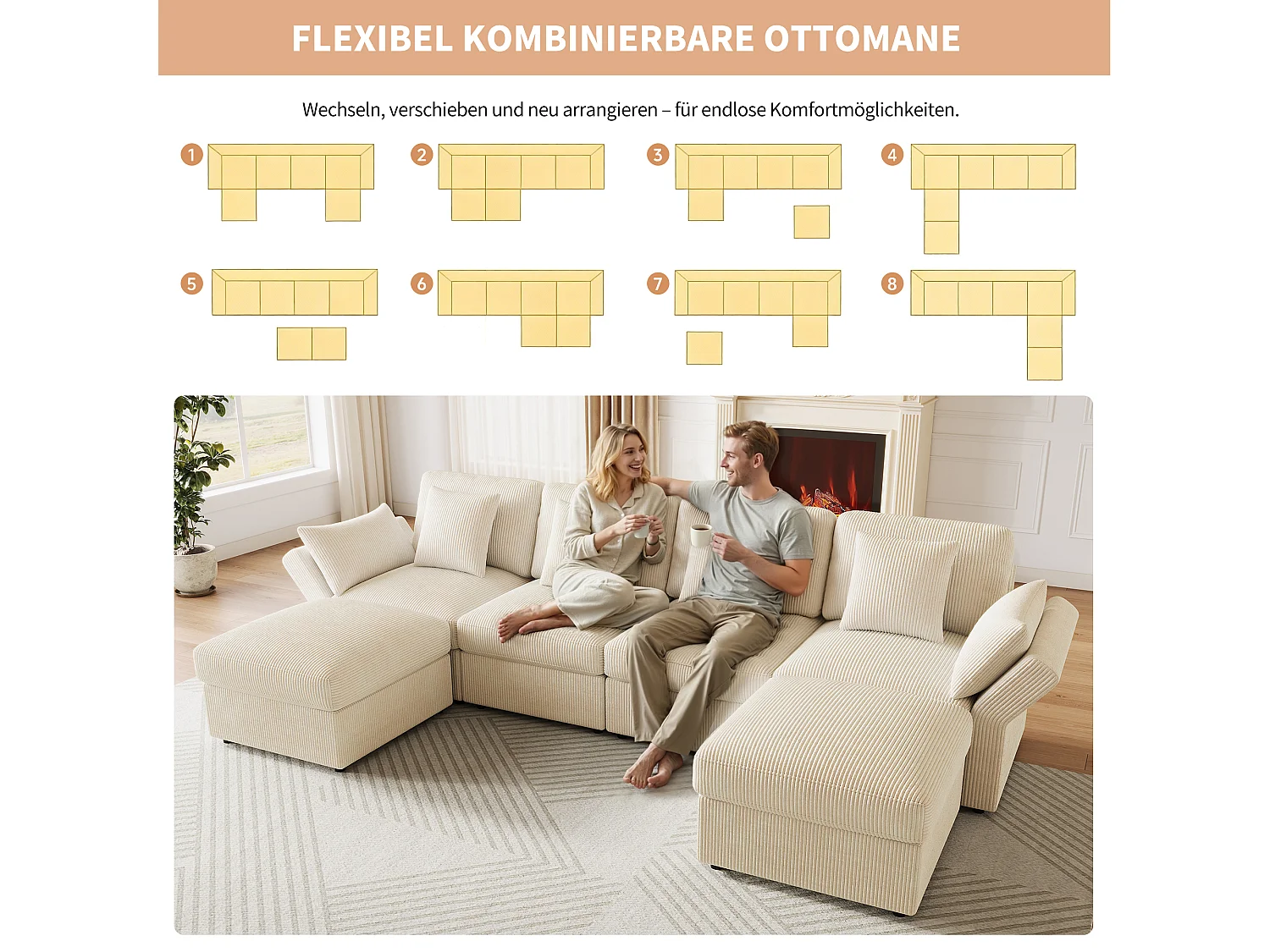 6-Sitzer-Ecksofa in U-Form mit abnehmbarem Hocker – 290 x 159,5 x 89 cm – Massivholz, Schaumstoff- und Cordbezug – Verstellbare Armlehnen – Beige