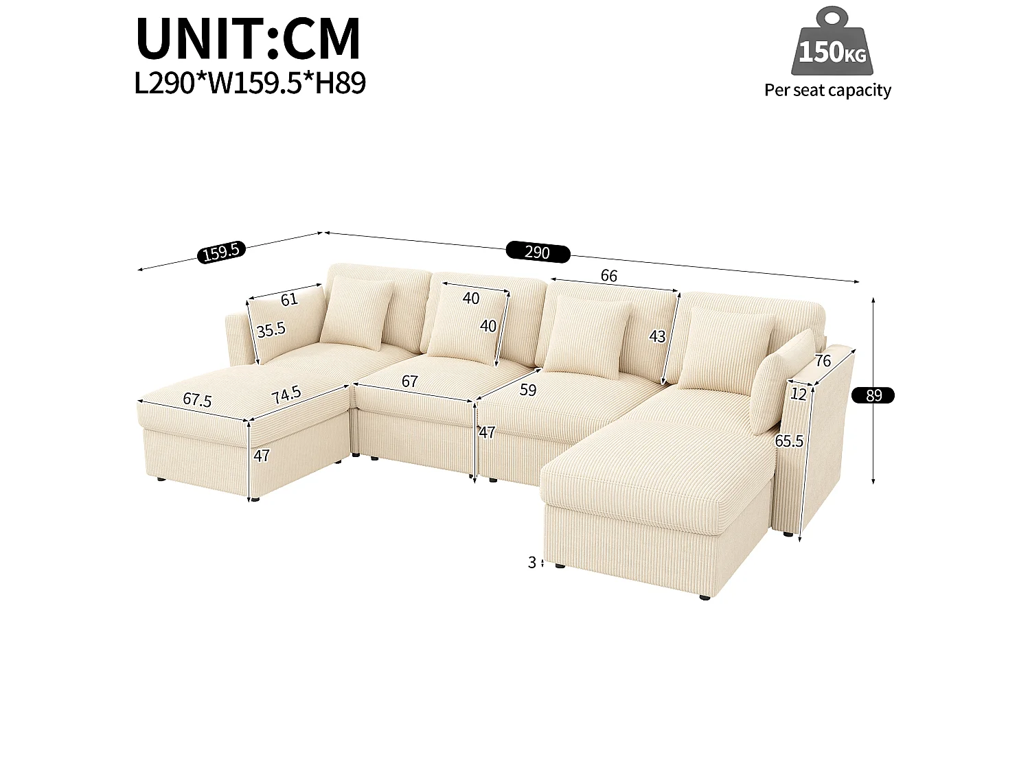 6-Sitzer-Ecksofa in U-Form mit abnehmbarem Hocker – 290 x 159,5 x 89 cm – Massivholz, Schaumstoff- und Cordbezug – Verstellbare Armlehnen – Beige