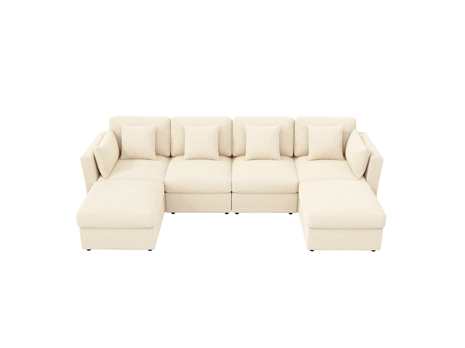 6-Sitzer-Ecksofa in U-Form mit abnehmbarem Hocker – 290 x 159,5 x 89 cm – Massivholz, Schaumstoff- und Cordbezug – Verstellbare Armlehnen – Beige