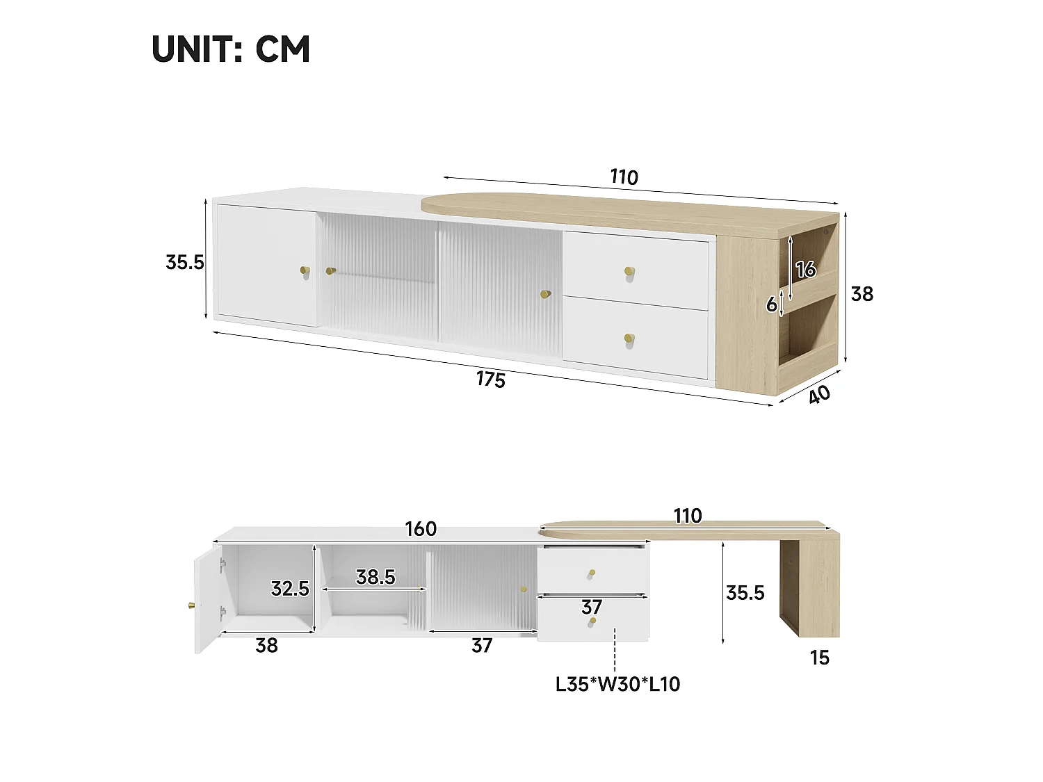 Ausziehbarer TV-Schrank mit LED-Beleuchtung, 2 Schubladen, Glasschiebetüren und seitlichem Stauraum – MDF – Weiß und Holz
