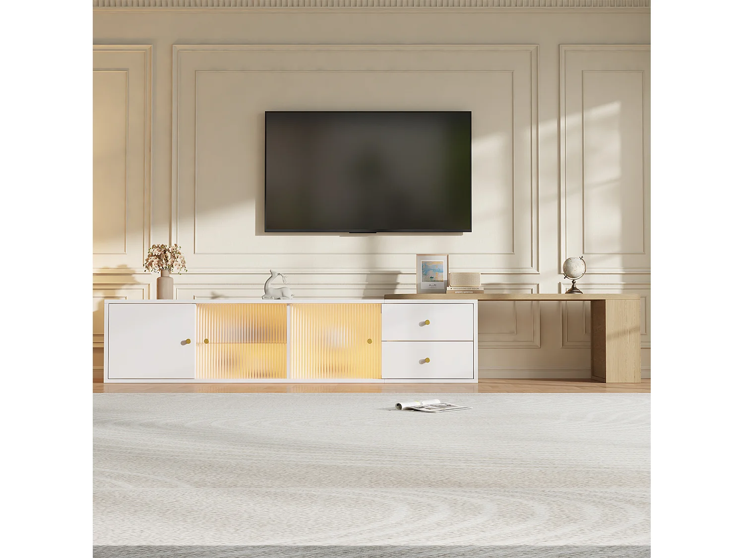 Ausziehbarer TV-Schrank mit LED-Beleuchtung, 2 Schubladen, Glasschiebetüren und seitlichem Stauraum – MDF – Weiß und Holz