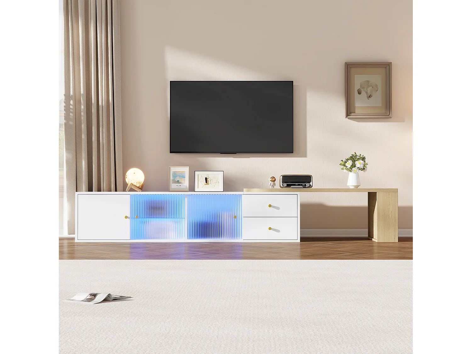Ausziehbarer TV-Schrank mit LED-Beleuchtung, 2 Schubladen, Glasschiebetüren und seitlichem Stauraum – MDF – Weiß und Holz