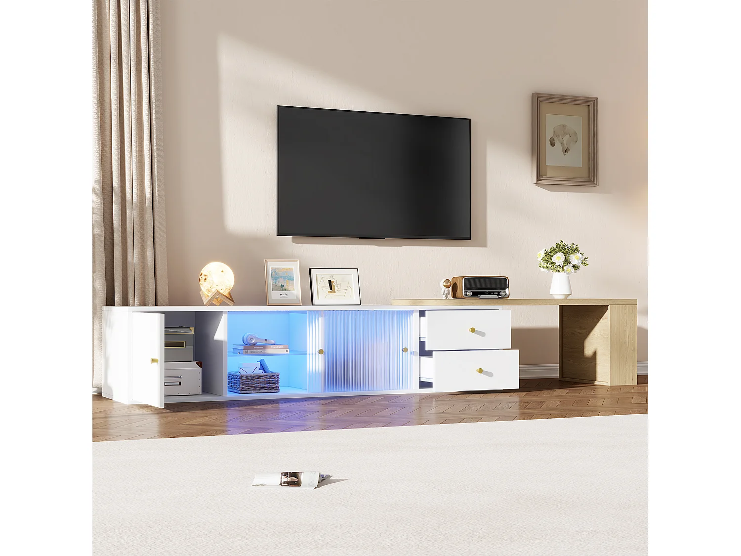 Ausziehbarer TV-Schrank mit LED-Beleuchtung, 2 Schubladen, Glasschiebetüren und seitlichem Stauraum – MDF – Weiß und Holz