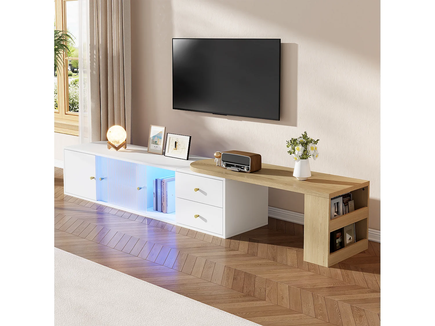 Ausziehbarer TV-Schrank mit LED-Beleuchtung, 2 Schubladen, Glasschiebetüren und seitlichem Stauraum – MDF – Weiß und Holz