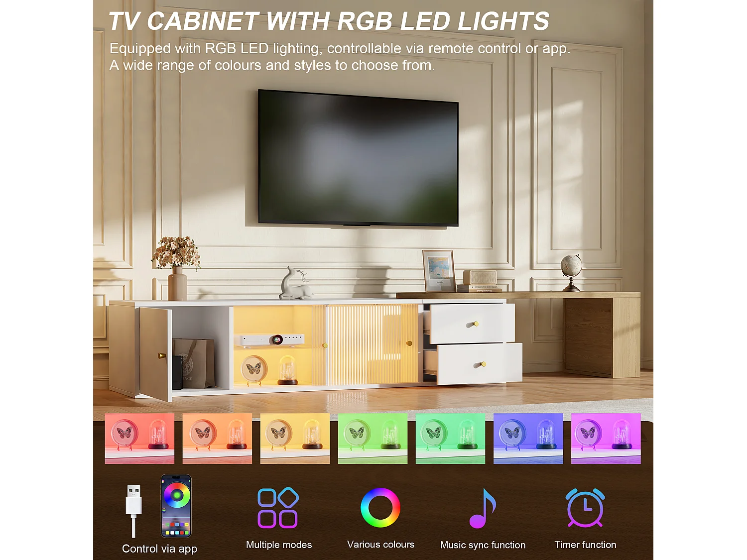 Ausziehbarer TV-Schrank mit LED-Beleuchtung, 2 Schubladen, Glasschiebetüren und seitlichem Stauraum – MDF – Weiß und Holz