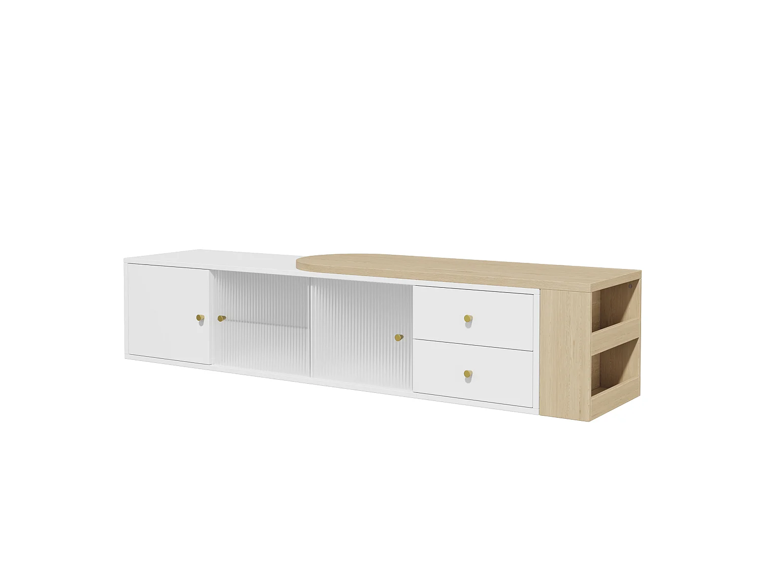 Ausziehbarer TV-Schrank mit LED-Beleuchtung, 2 Schubladen, Glasschiebetüren und seitlichem Stauraum – MDF – Weiß und Holz