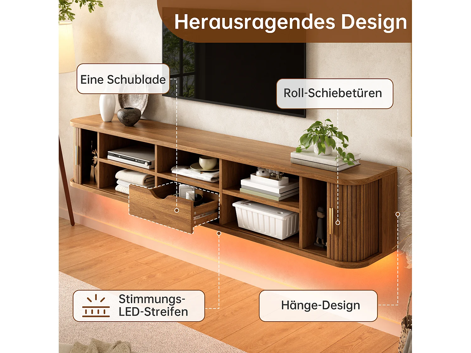 Wall-mounted TV unit with 2 sliding doors, 1 drawer, adjustable shelves and LED lighting – 175 x 30 x 30 cm – MDF – Walnut