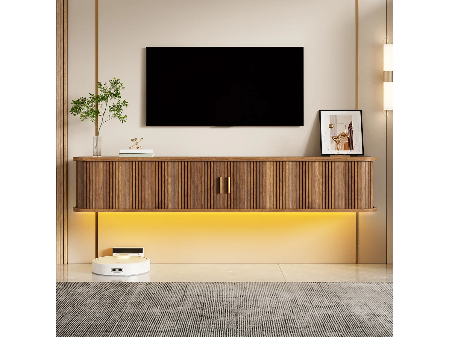 Wall-mounted TV unit with 2 sliding doors, 1 drawer, adjustable shelves and LED lighting – 175 x 30 x 30 cm – MDF – Walnut